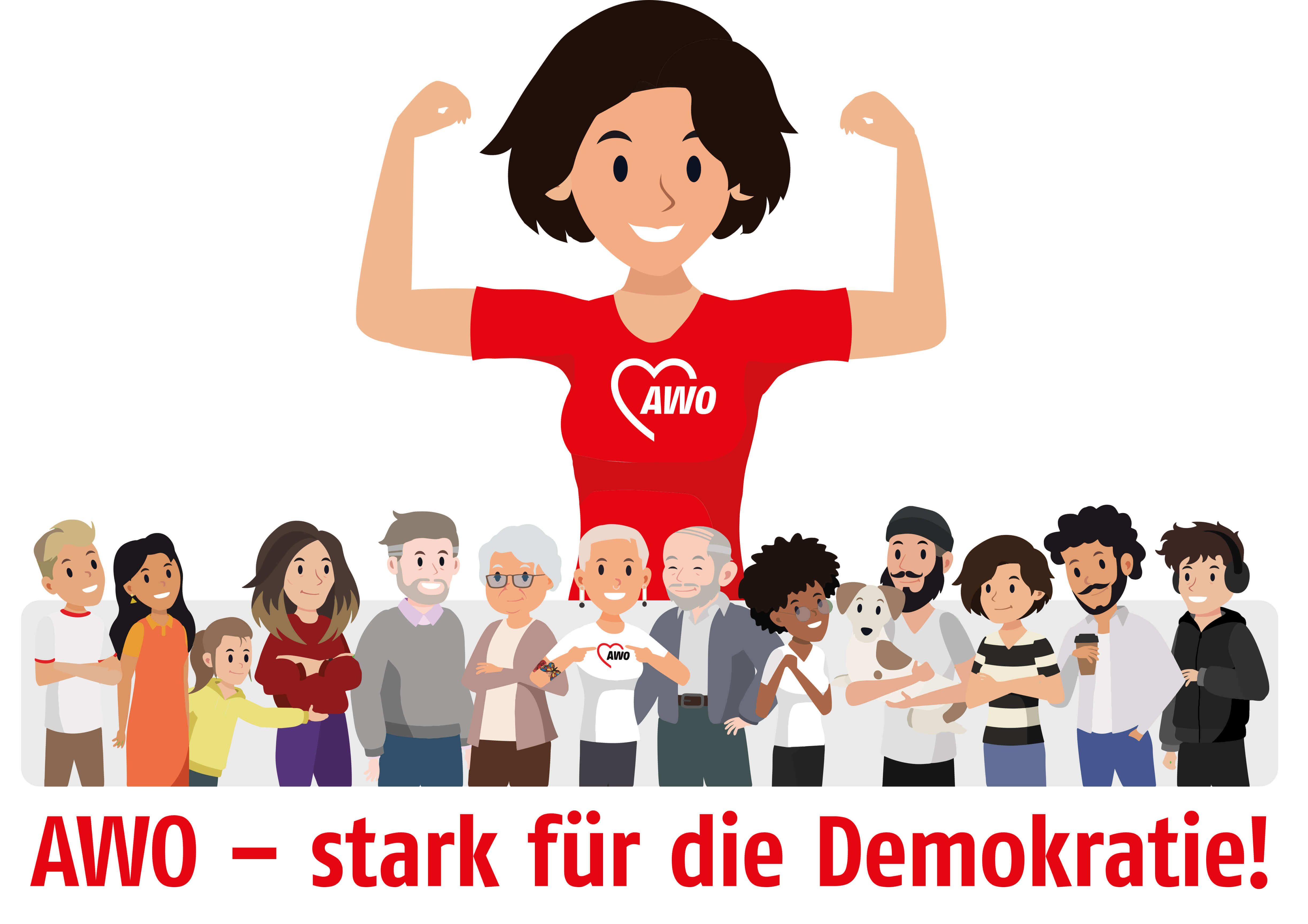Darstellung des Mottos AWO - stark für die Demokratie, mit einer AWO Mitarbeiterin und einer diversen Gruppe Menshen