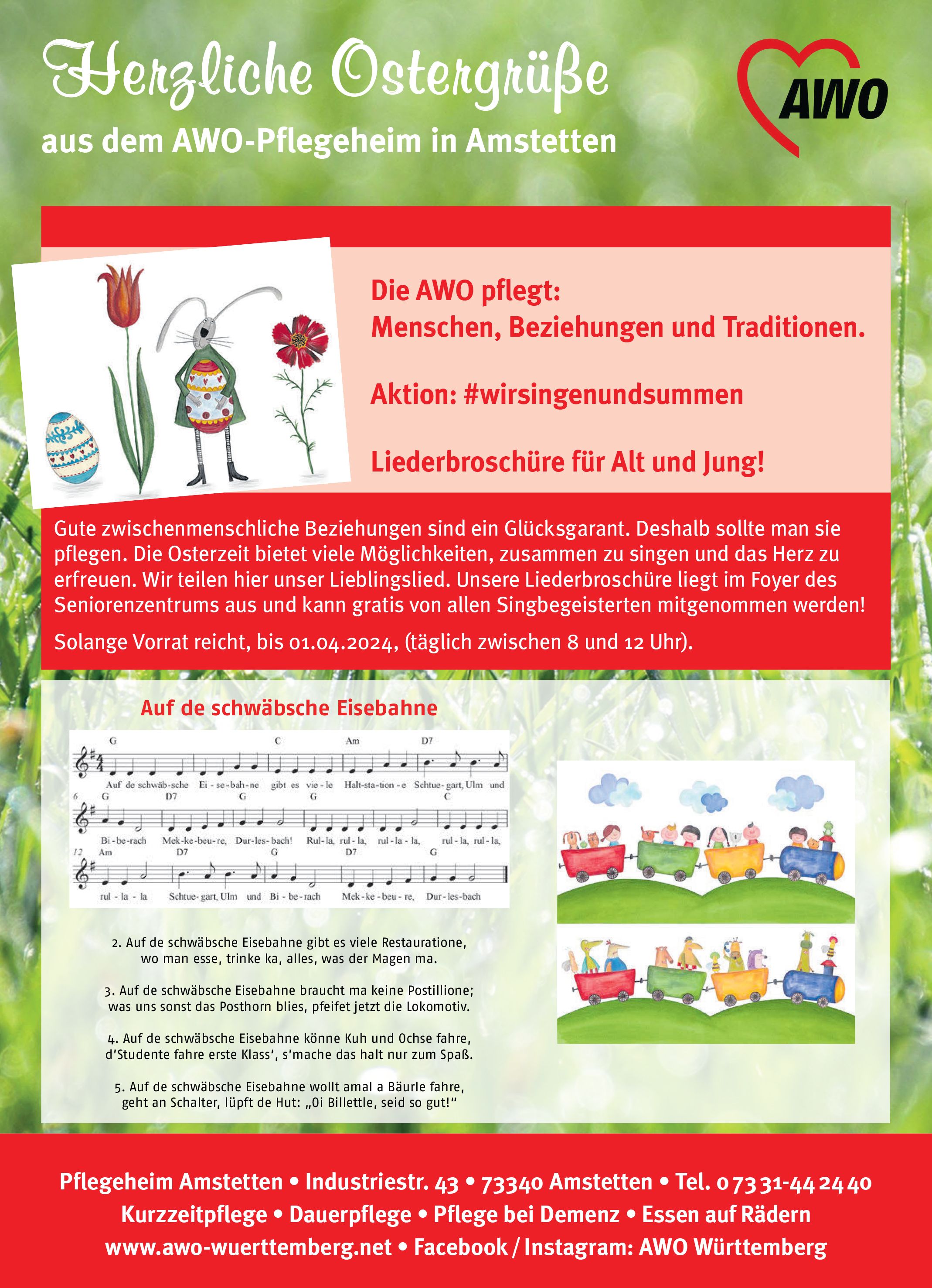 Ein Banner mit Frohen Ostergrüßen es zeigt Osterdekor und einen Liedtext von -Auf de schwäbische Eisenbahne-
