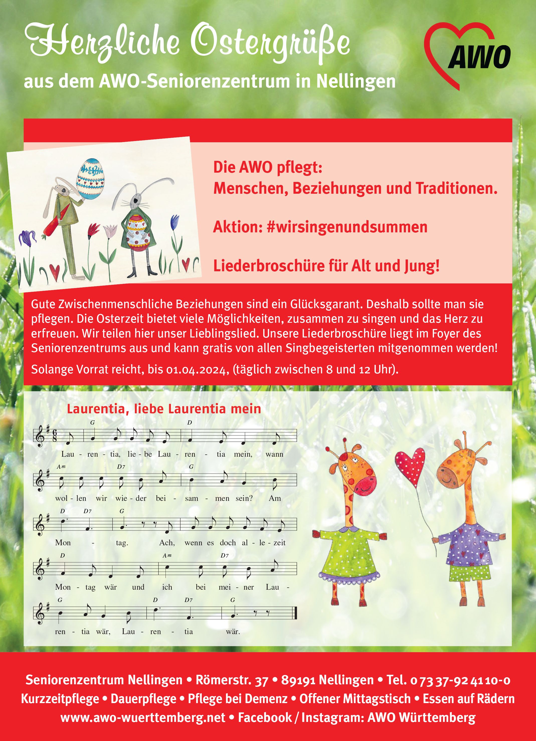 Werbezettel mit Ostergrüßen, OStermotiven und dem Liedtext mit Noten zu -Laurentia, liebe Laurentia mein-