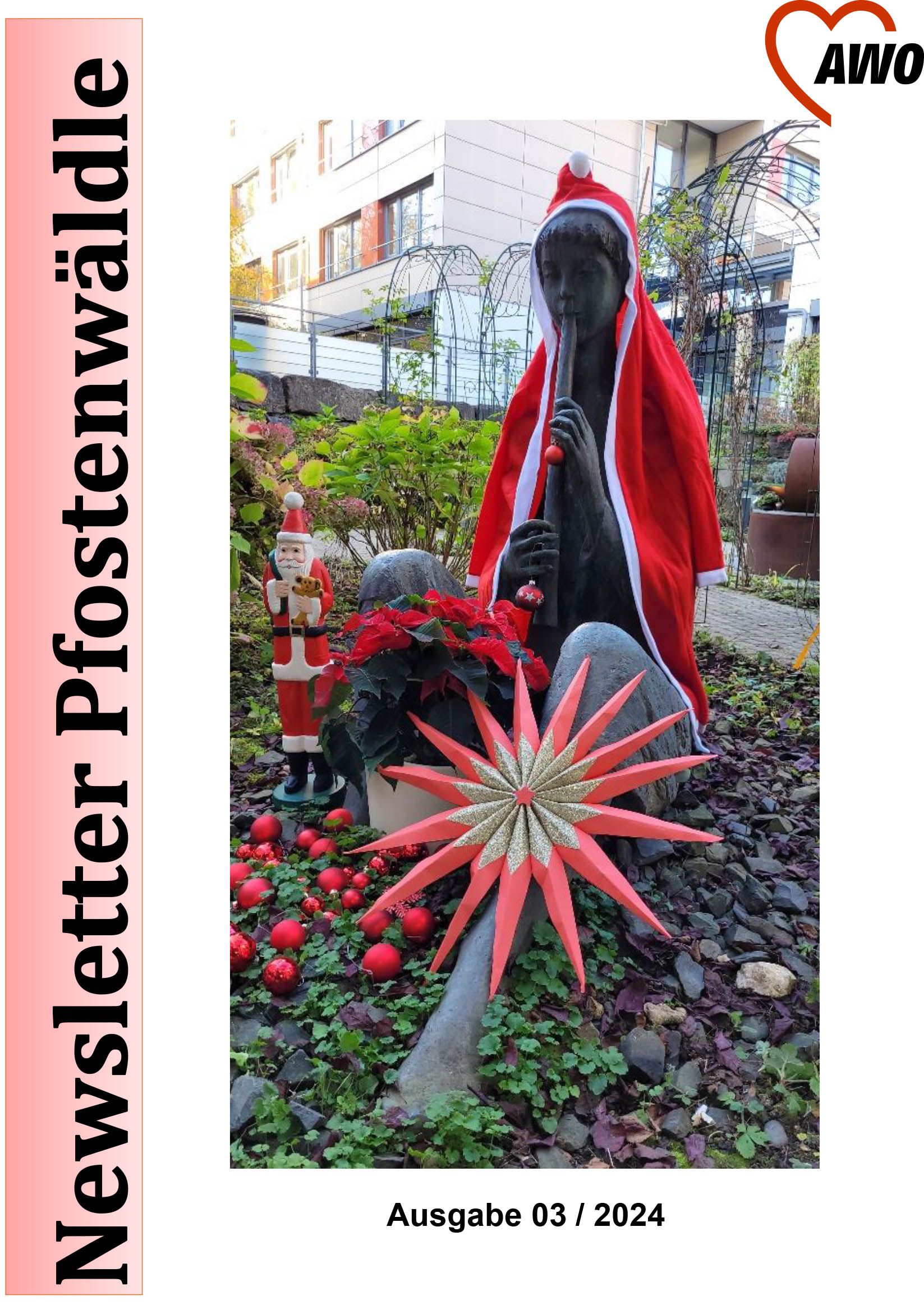 Deckblatt des Newsletter Ausgabe3 mit Weihnachtsdeko im Garten des Gebäudes